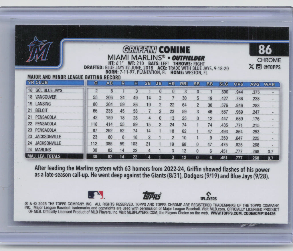 2025 Topps Chrome #86 Griffin Conine Blue RayWave Refractors #/150