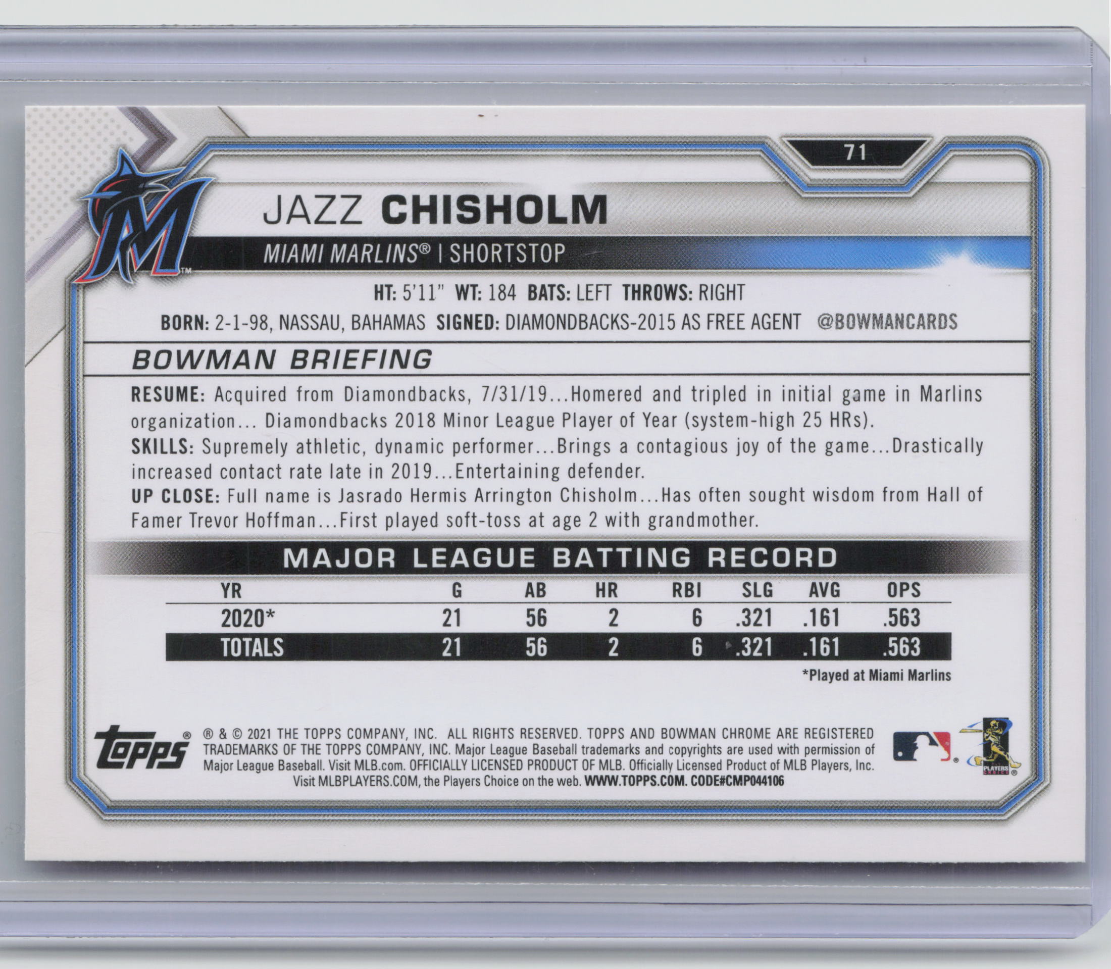 2021 Bowman #71 Jazz Chisholm