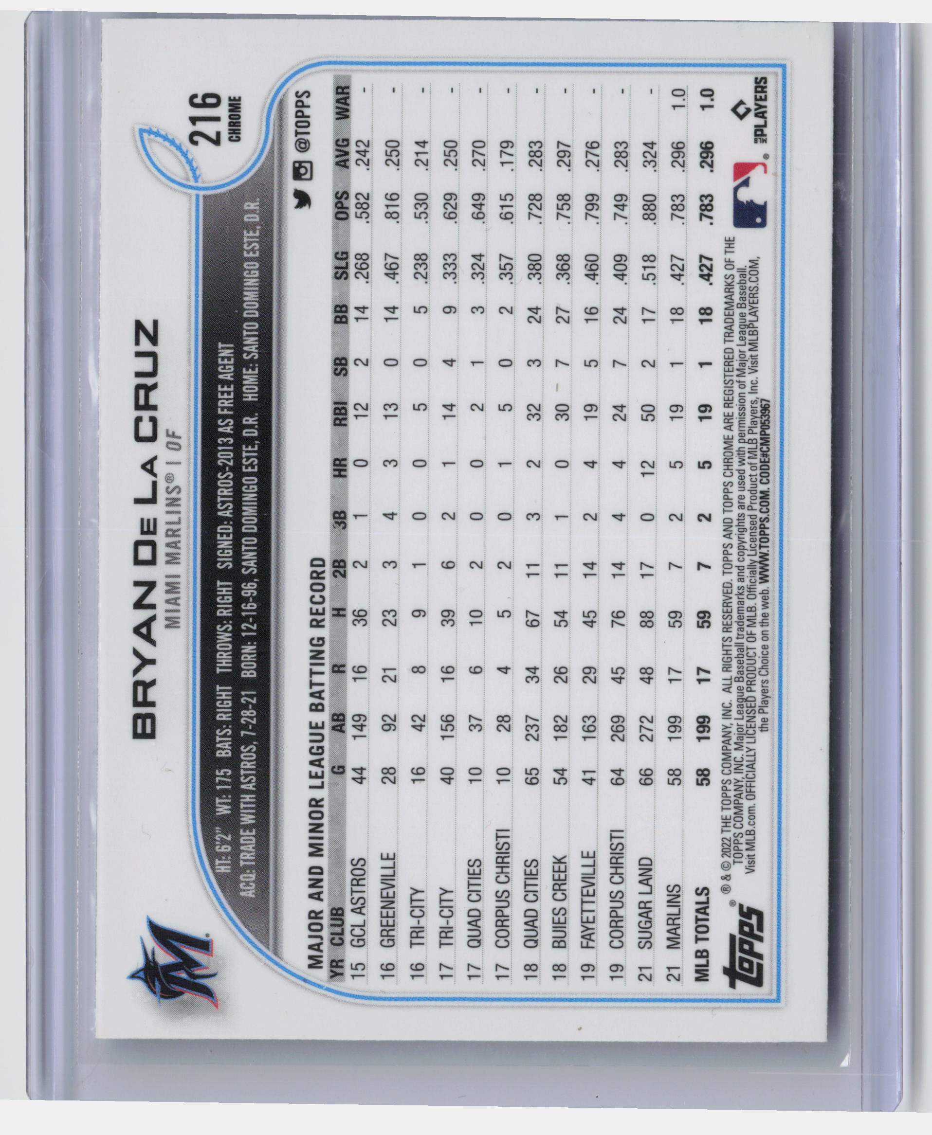 2022 Topps Chrome Sonic #216 Bryan De La Cruz