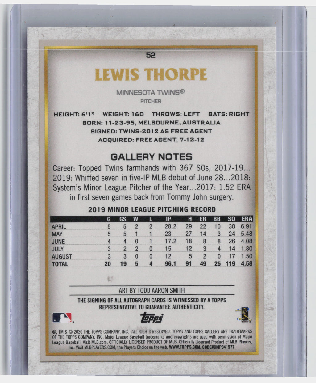 2020 Topps Gallery #52 Lewis Thorpe Autographs