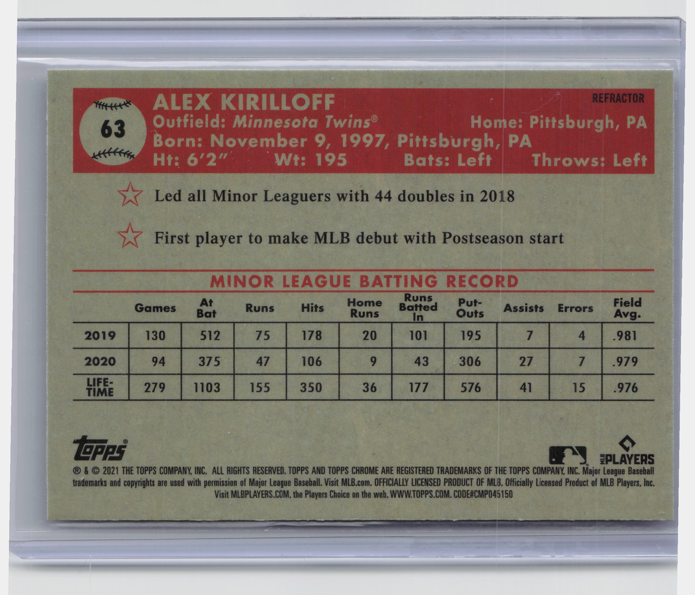 2021 Topps Chrome Platinum Anniversary #63 Alex Kirilloff Refractor