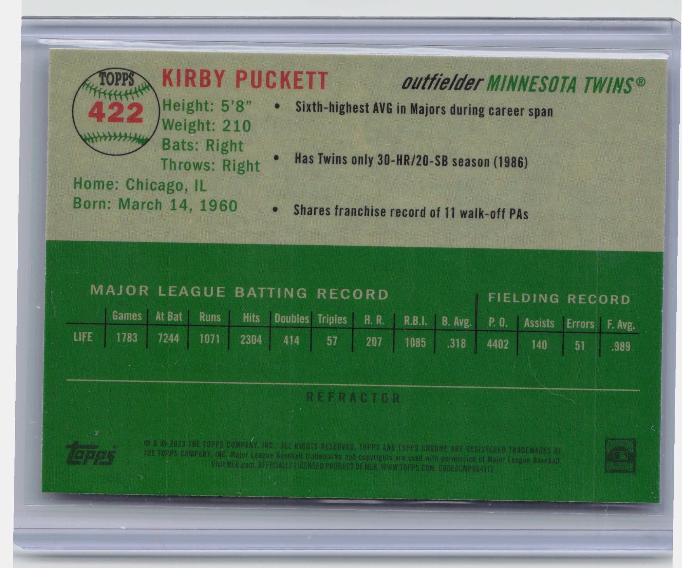 2023 Topps Chrome Platinum Anniversary #422 Kirby Puckett