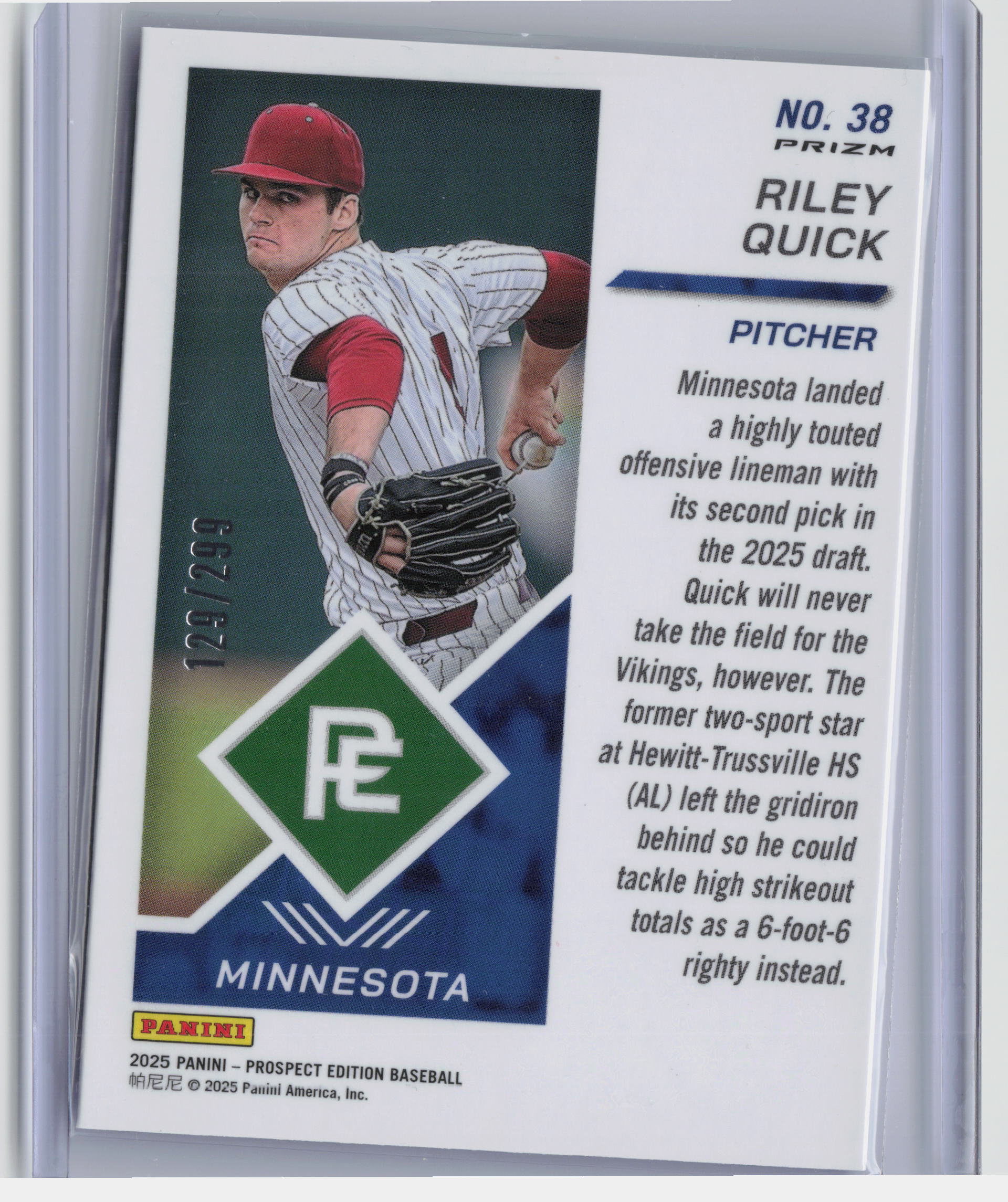 2025 Panini Prospect Edition #38 Riley Quick Holo Prospect - Blue Ice #/299