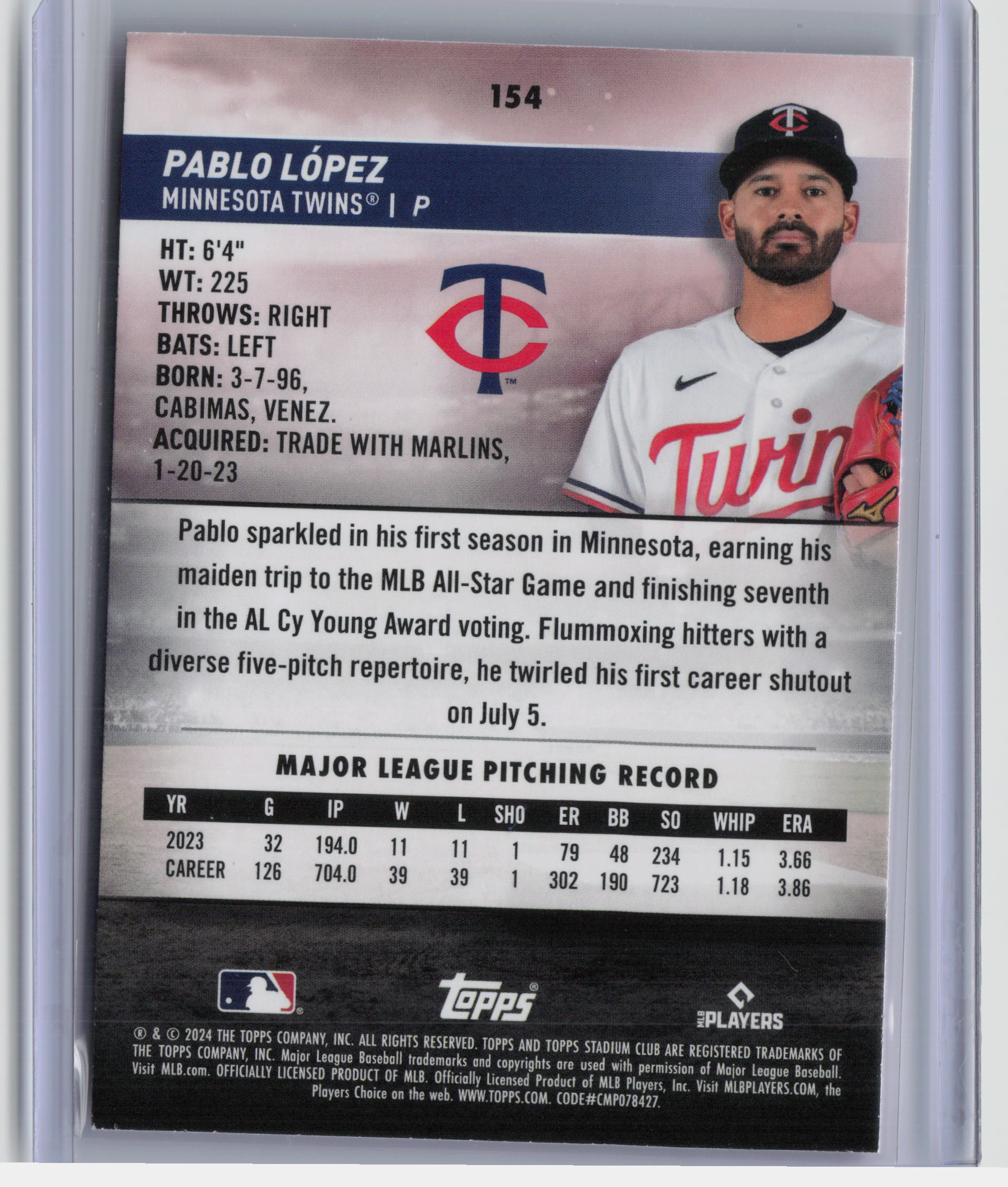 2024 Stadium Club #154 Pablo López Pink Foil