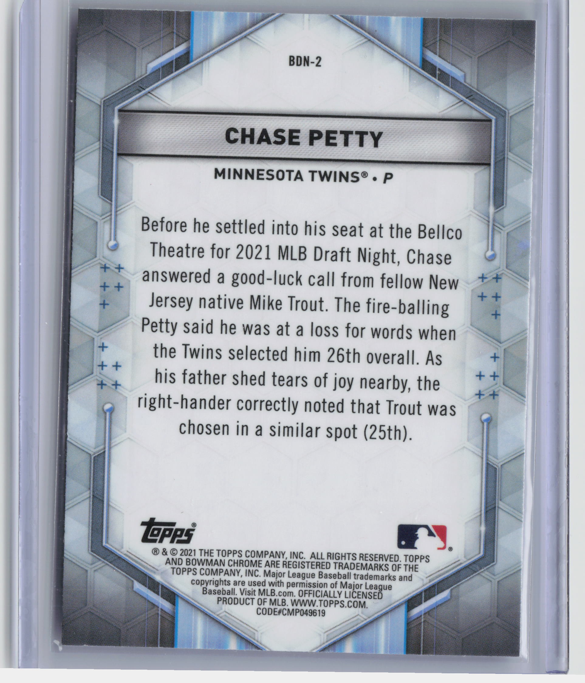 2021 Bowman Draft #BDN-2 Chase Petty Bowman Draft Night