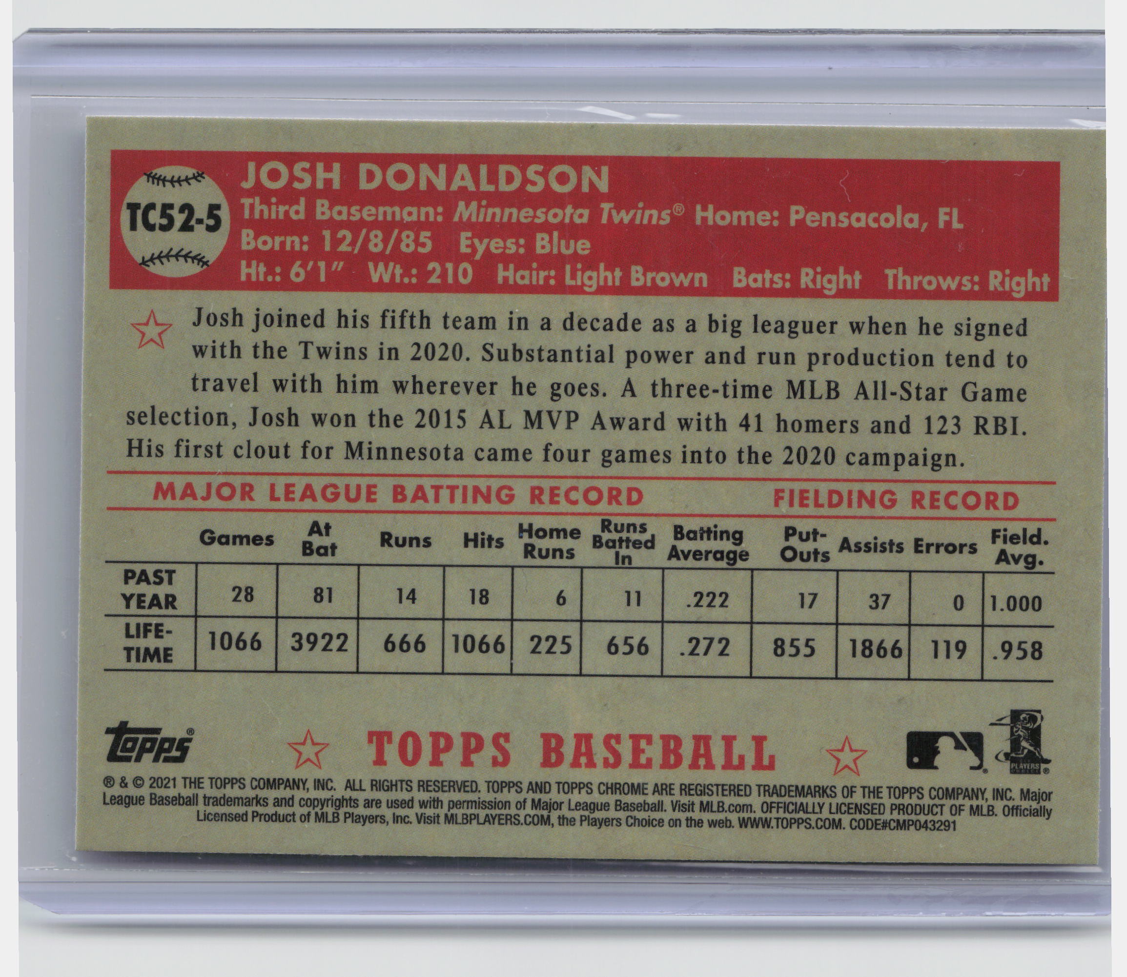 2021 Topps #T52-5 Josh Donaldson 1952 Topps Redux