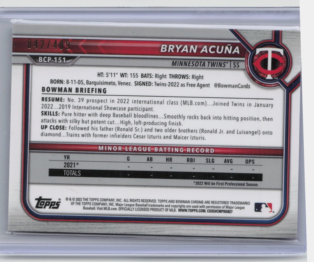 2022 Bowman Chrome #BCP-151 Bryan Acuña Prospects