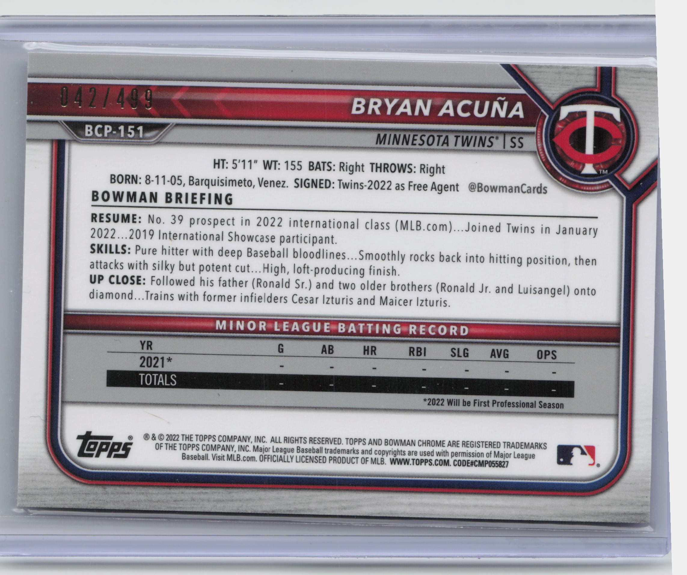 2022 Bowman Chrome #BCP-151 Bryan Acuña Prospects
