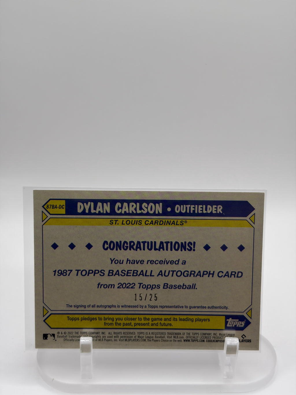 2022 Topps #87BA-DC Dylan Carlson 1987 Topps Baseball 35th Anniversary Autos /25