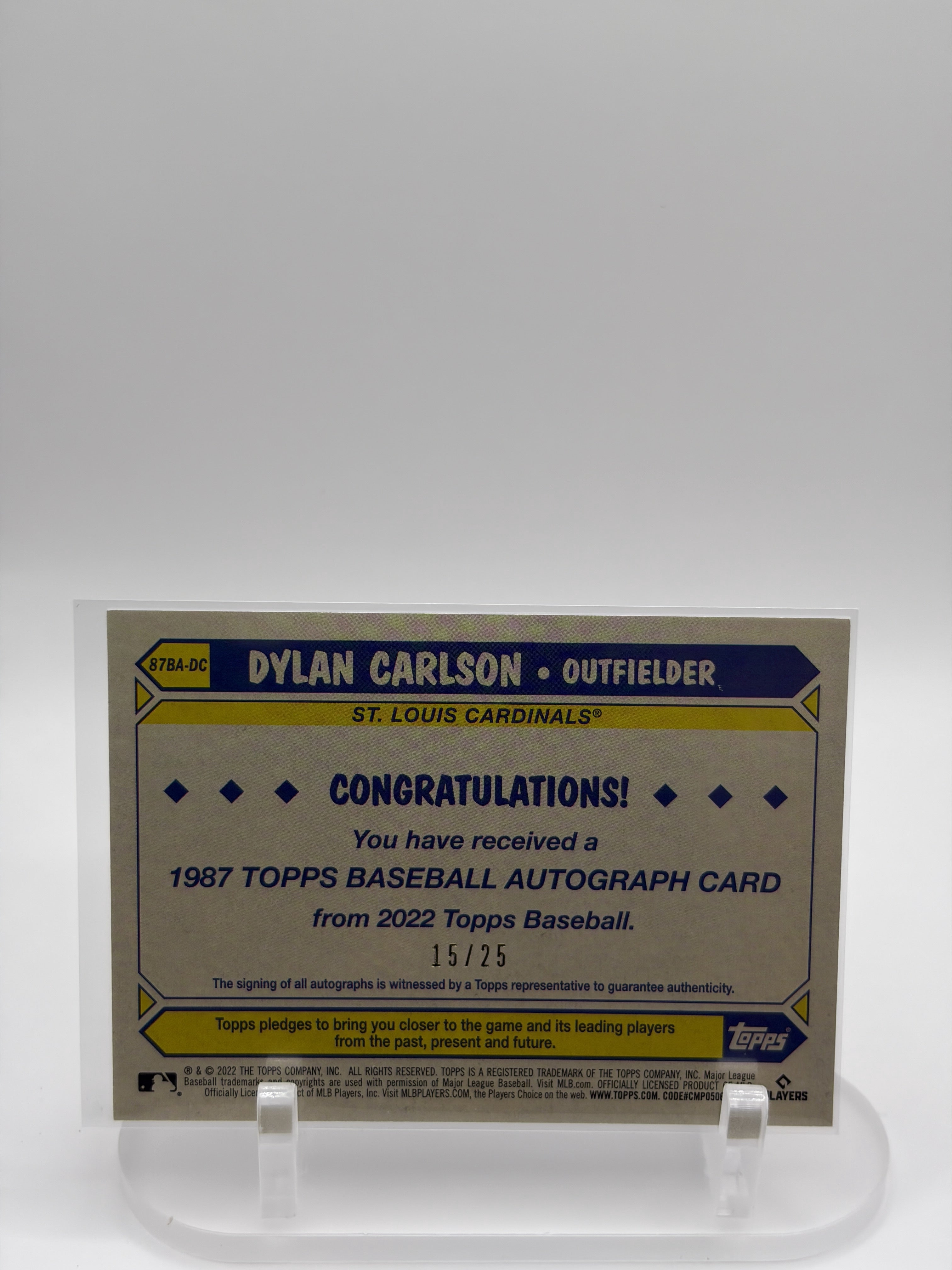 2022 Topps #87BA-DC Dylan Carlson 1987 Topps Baseball 35th Anniversary Autos /25