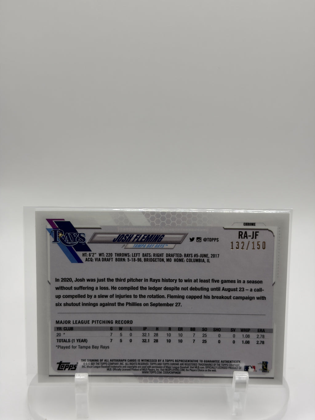 2021 Topps Chrome #RA-JF Josh Fleming Rookie Autographs Purple Refractor #/250