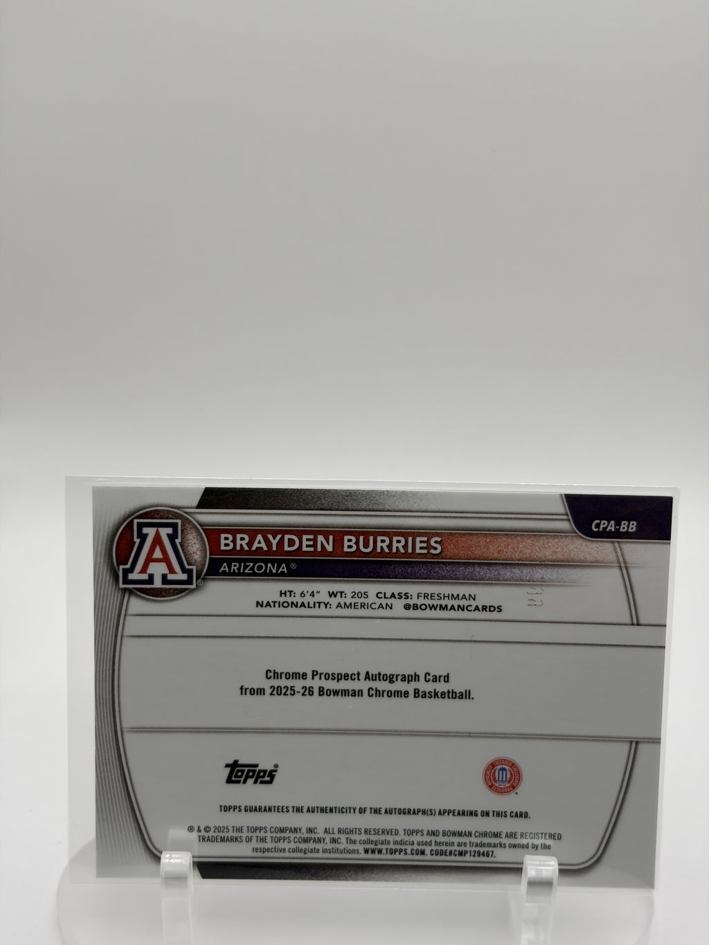 2025-26 Bowman Brayden Burries 1st Bowman Speckle Refractor Auto /299 Arizona