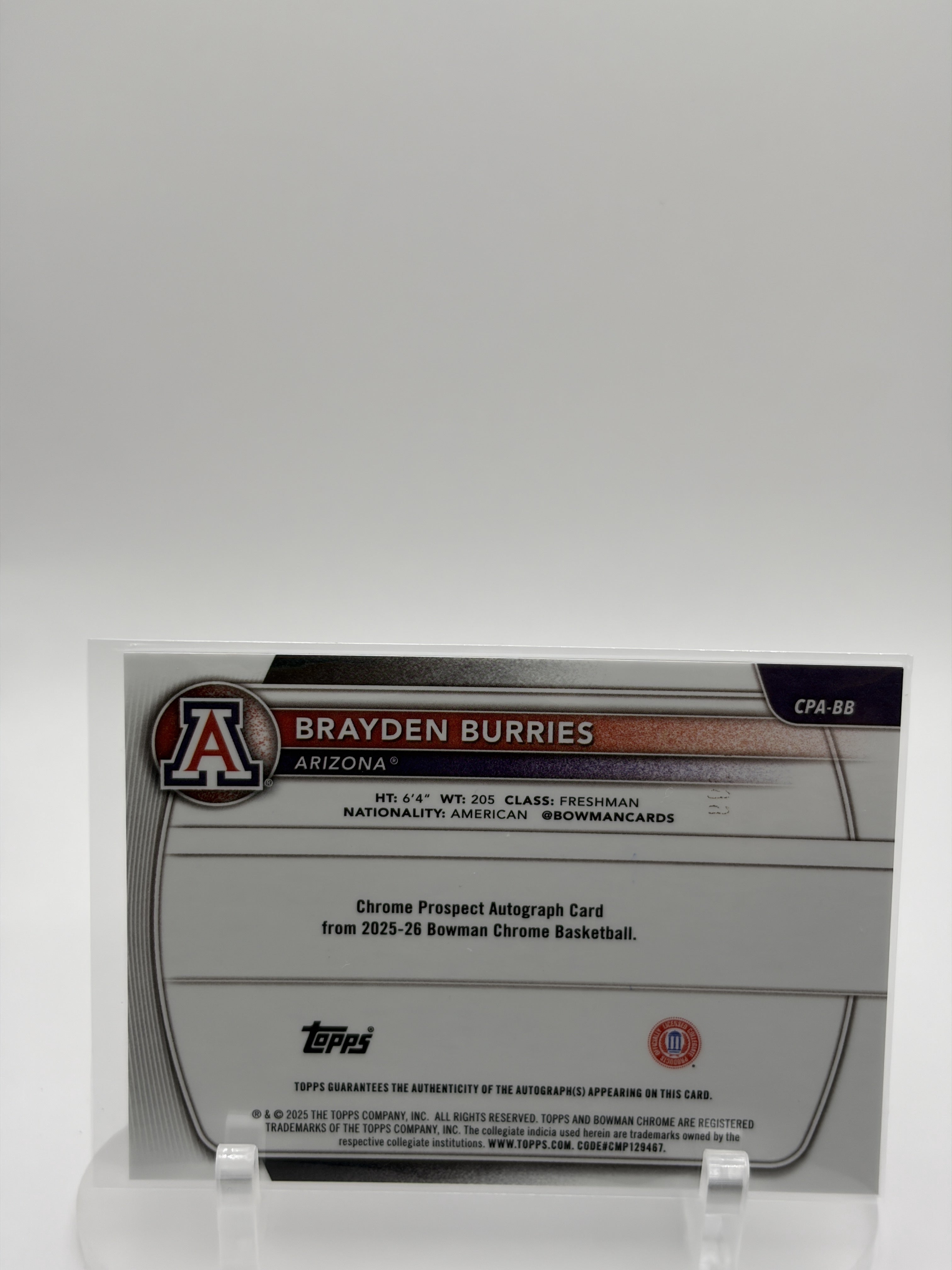 2025-26 Bowman Brayden Burries 1st Bowman Speckle Refractor Auto /299 Arizona