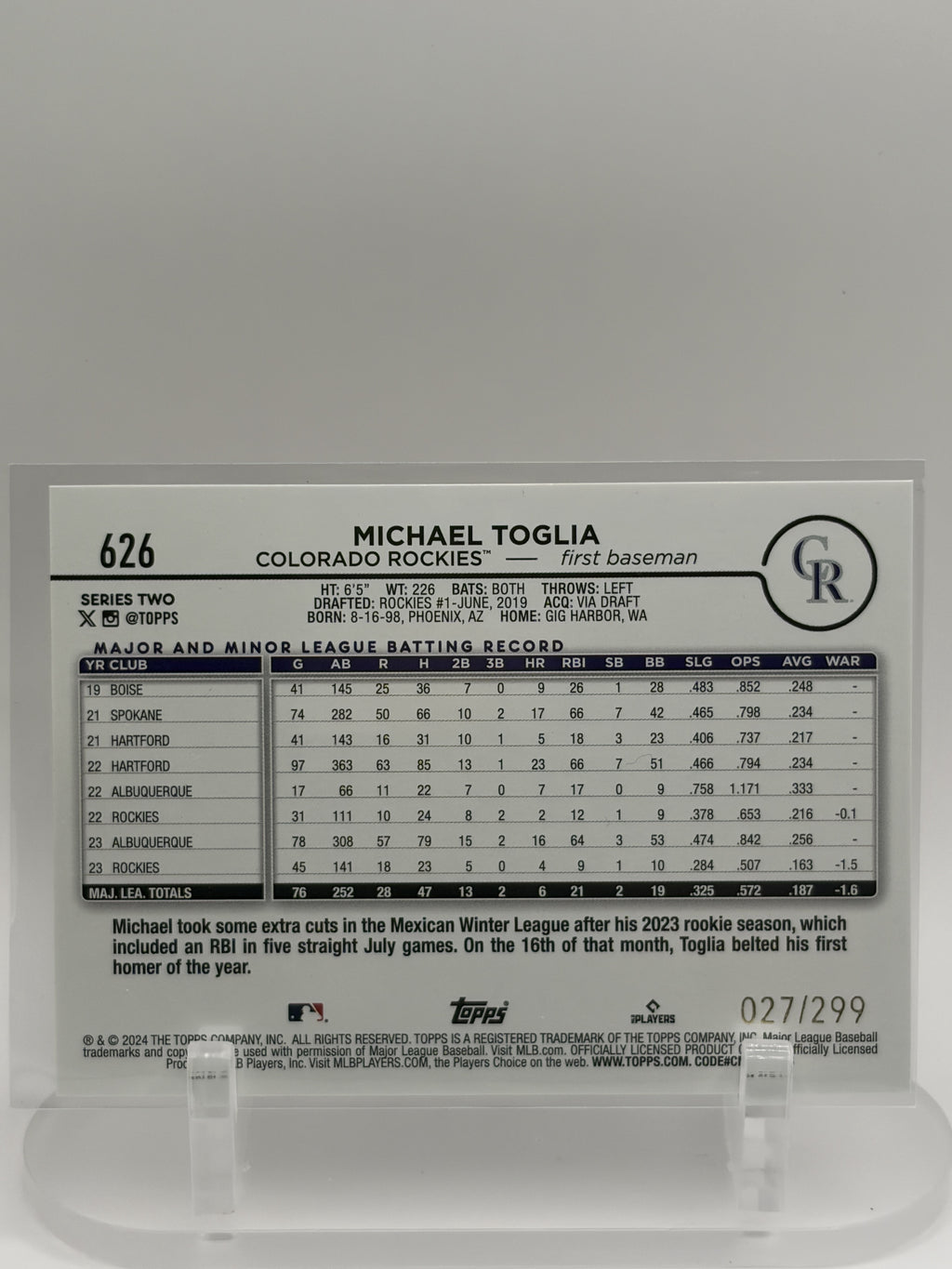 Michael Toglia 2024 Topps #/799 #626 Colorado Rockies Purple Holofoil SN