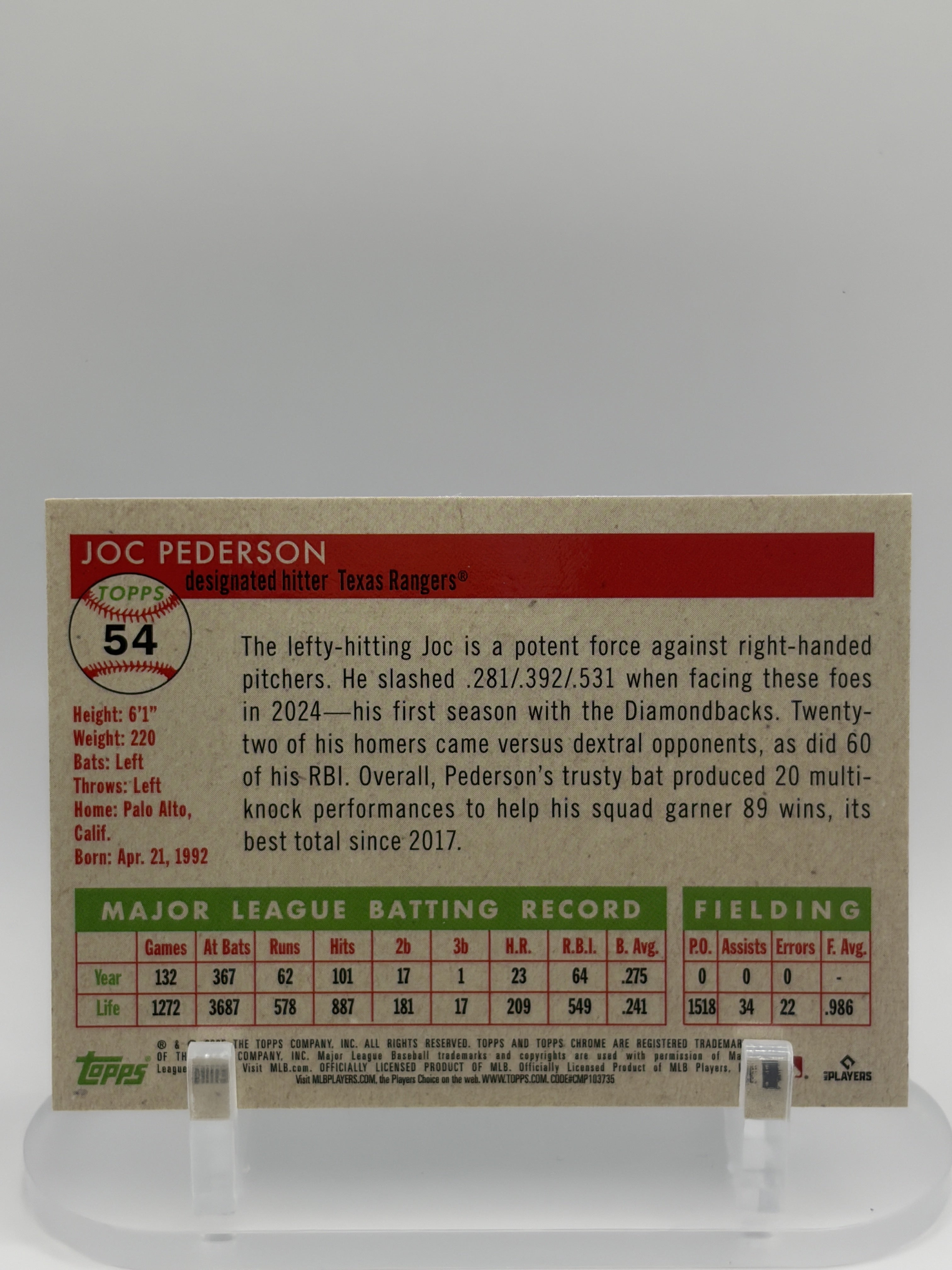 2025 Topps Chrome Platinum Joc Pederson Blue Shimmer/100 #54 Rangers