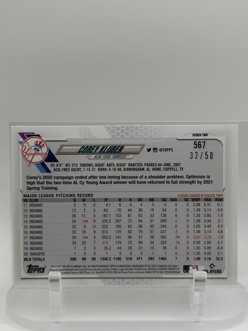 Corey Kluber 2021 Topps #567 New York Yankees 70th Anniversary Celebration