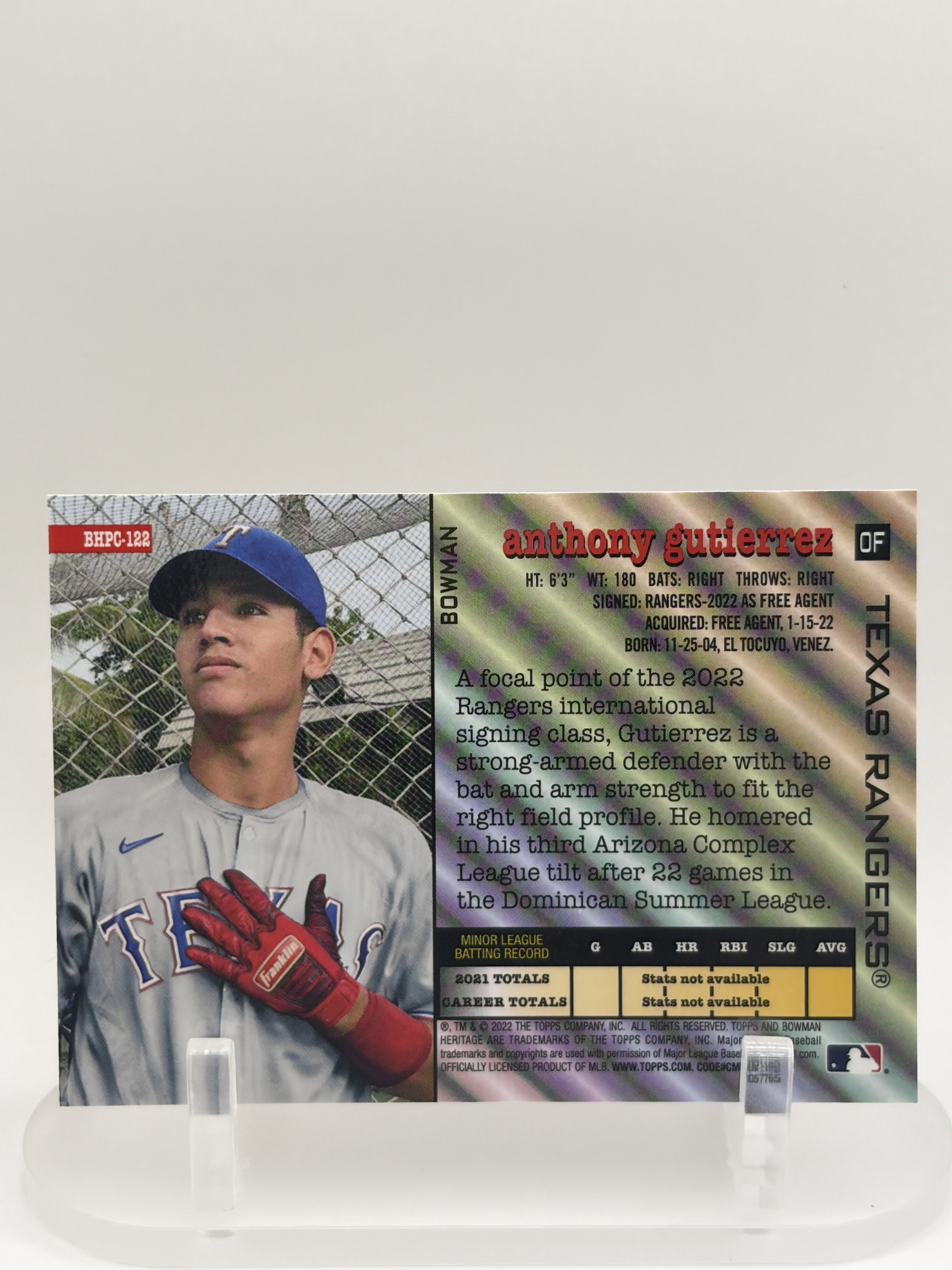 Anthony Gutierrez 2022 Bowman Heritage Texas Rangers Chrome Prospects