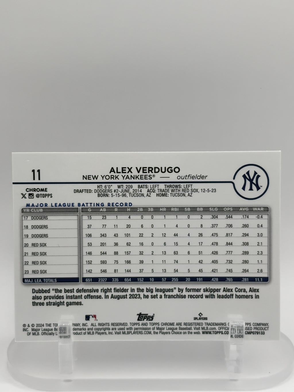 Alex Verdugo 2024 Topps Chrome #11 New York Yankees Pink Refractors
