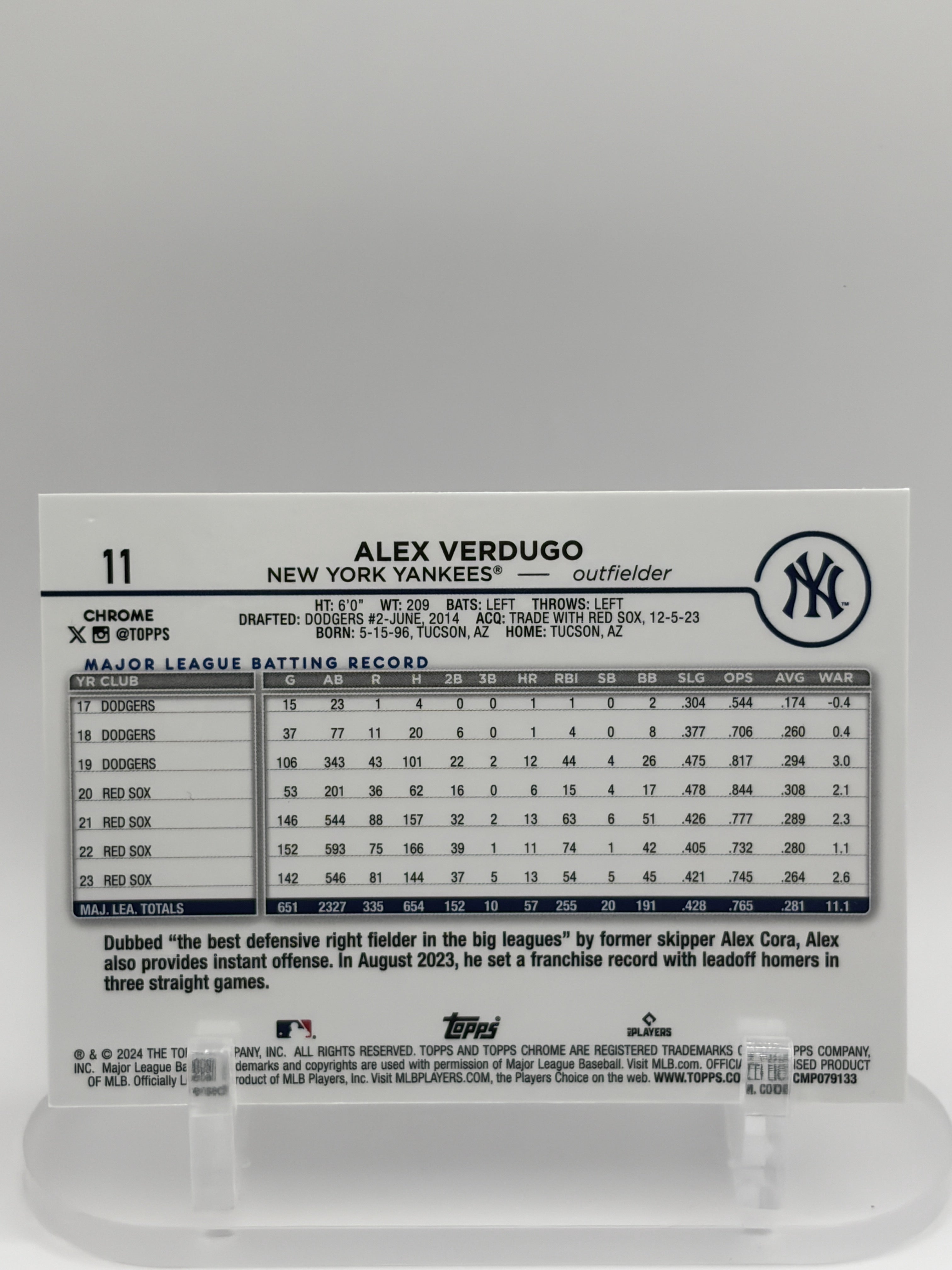 Alex Verdugo 2024 Topps Chrome #11 New York Yankees Pink Refractors