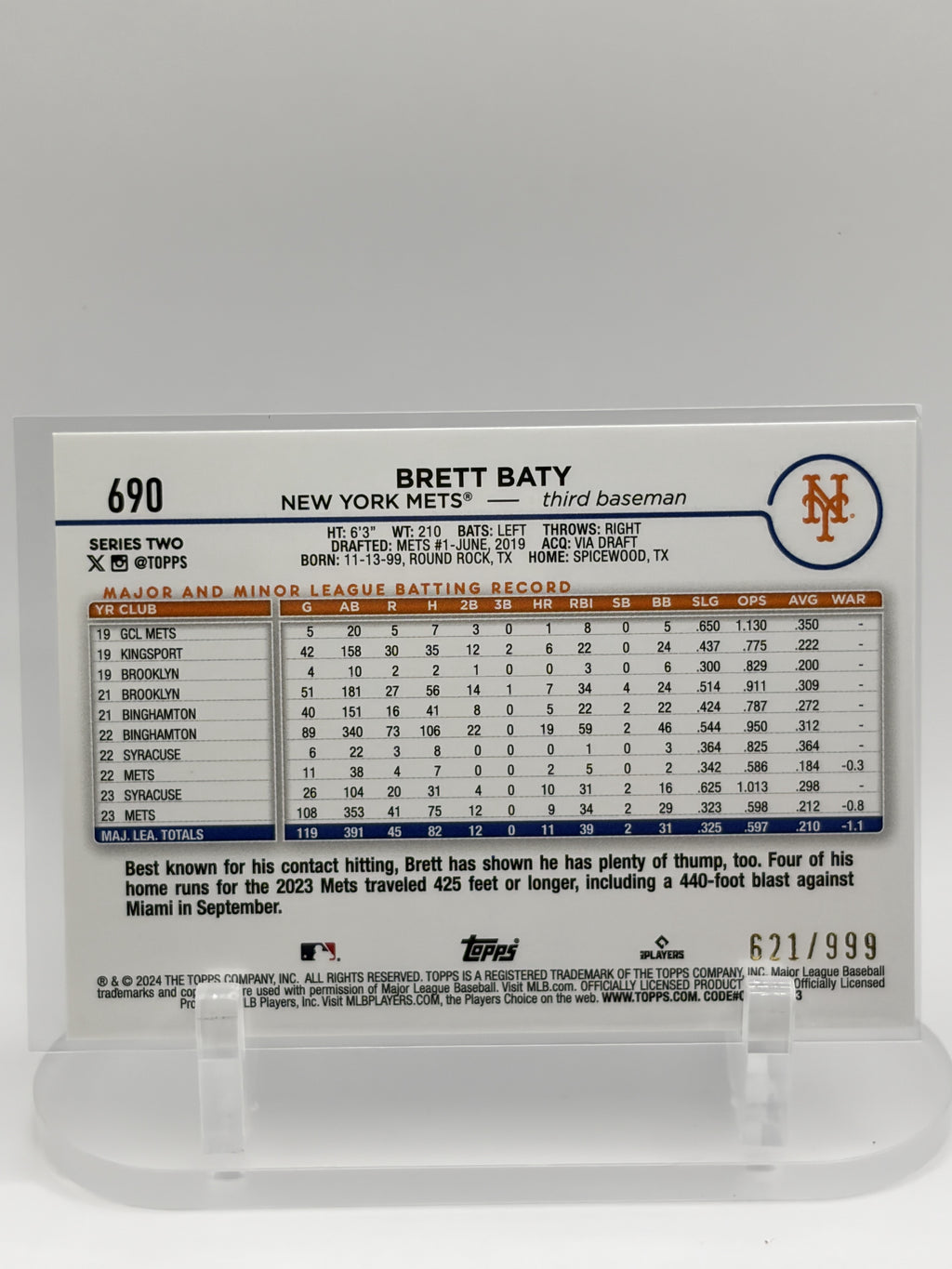 Brett Baty 2024 Topps #/999 New York Mets Blue Holofoil SN #690