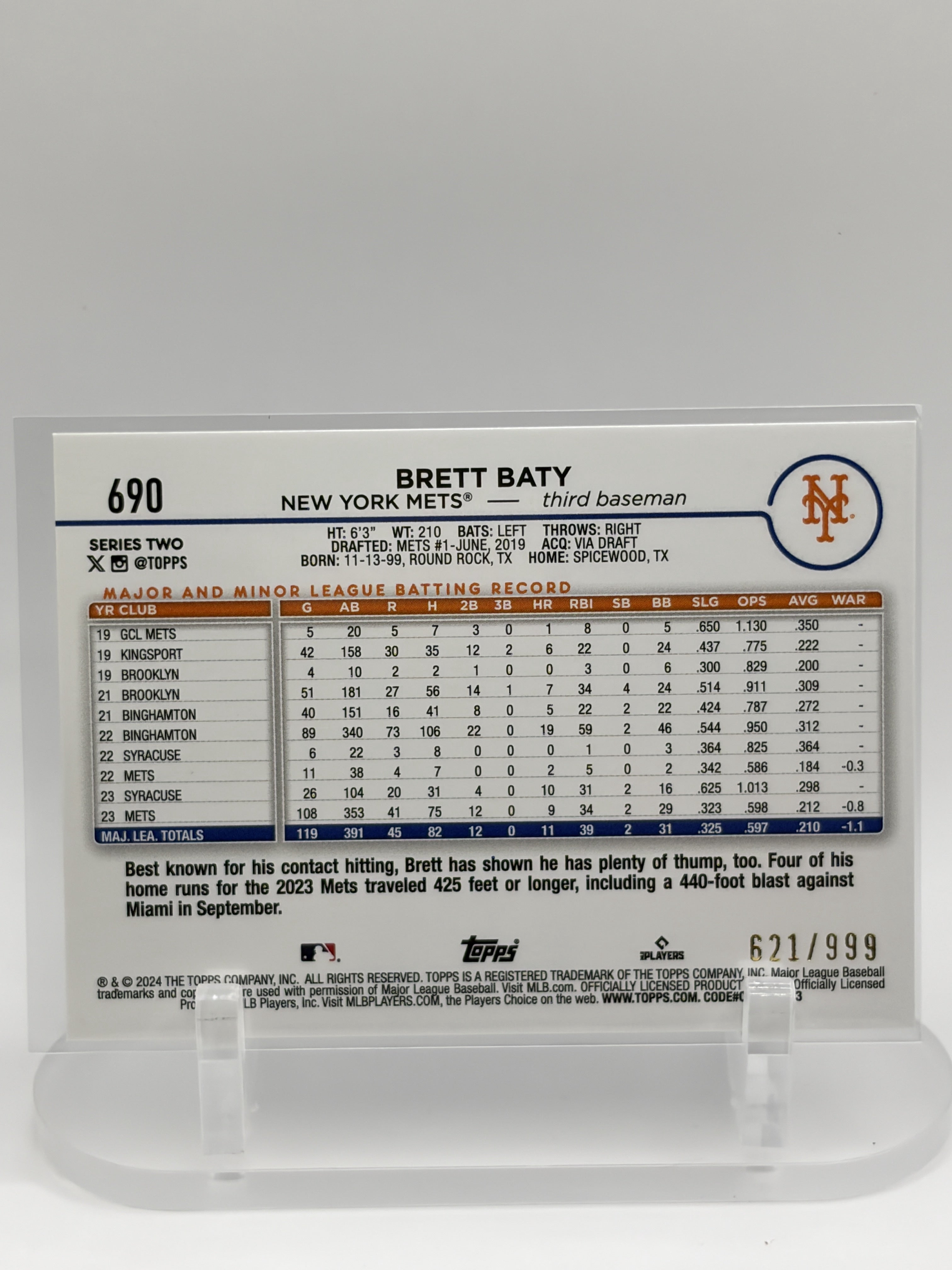 Brett Baty 2024 Topps #/999 New York Mets Blue Holofoil SN #690