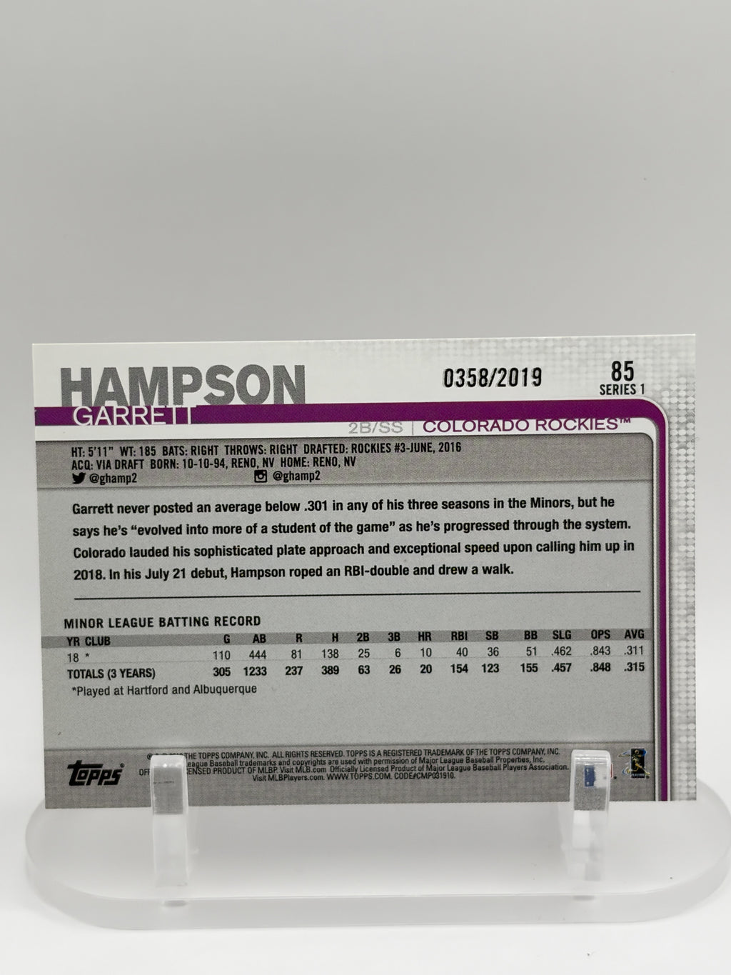 Garrett Hampson 2019 Topps Colorado Rockies Yellow RC #85