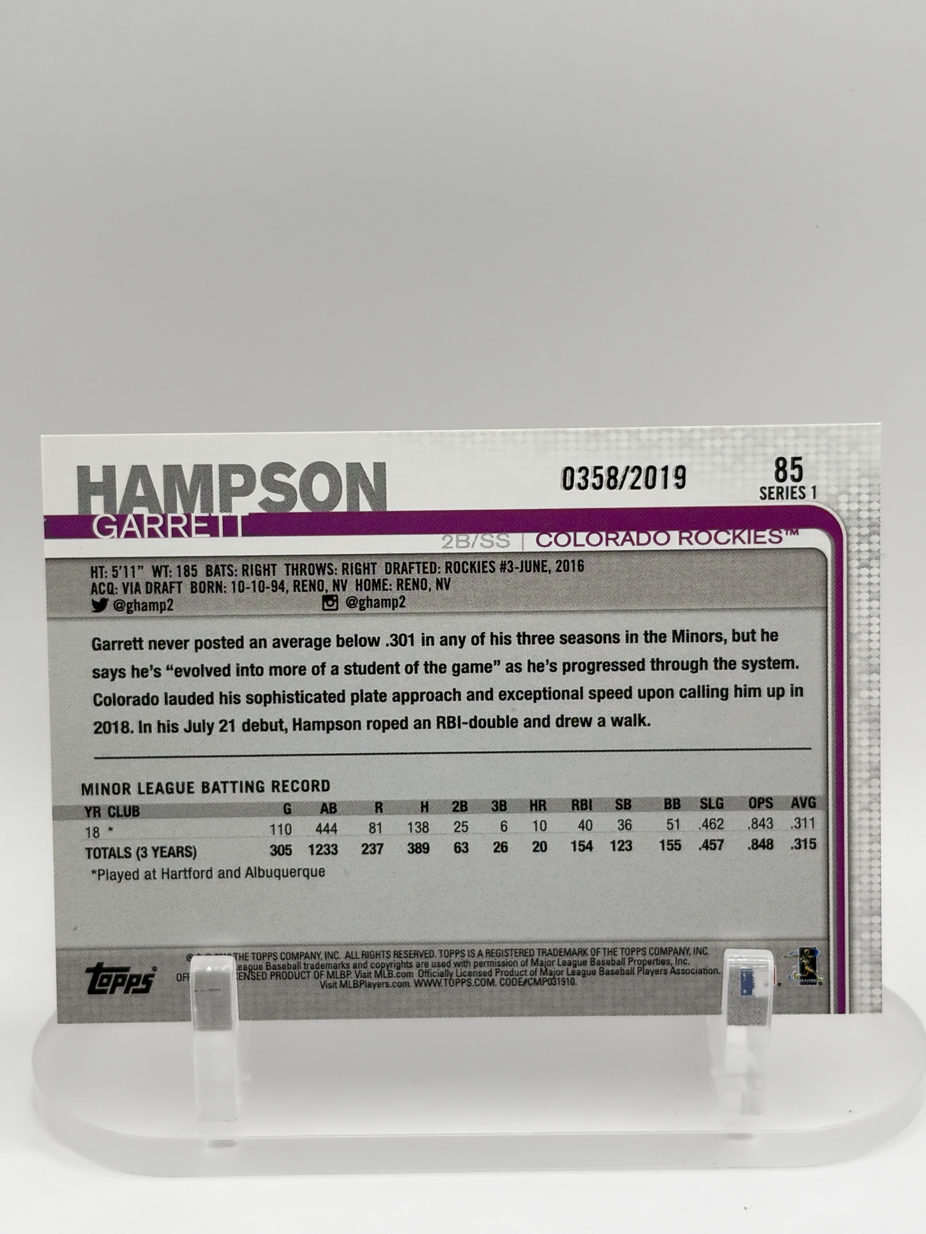 Garrett Hampson 2019 Topps Colorado Rockies Yellow RC #85