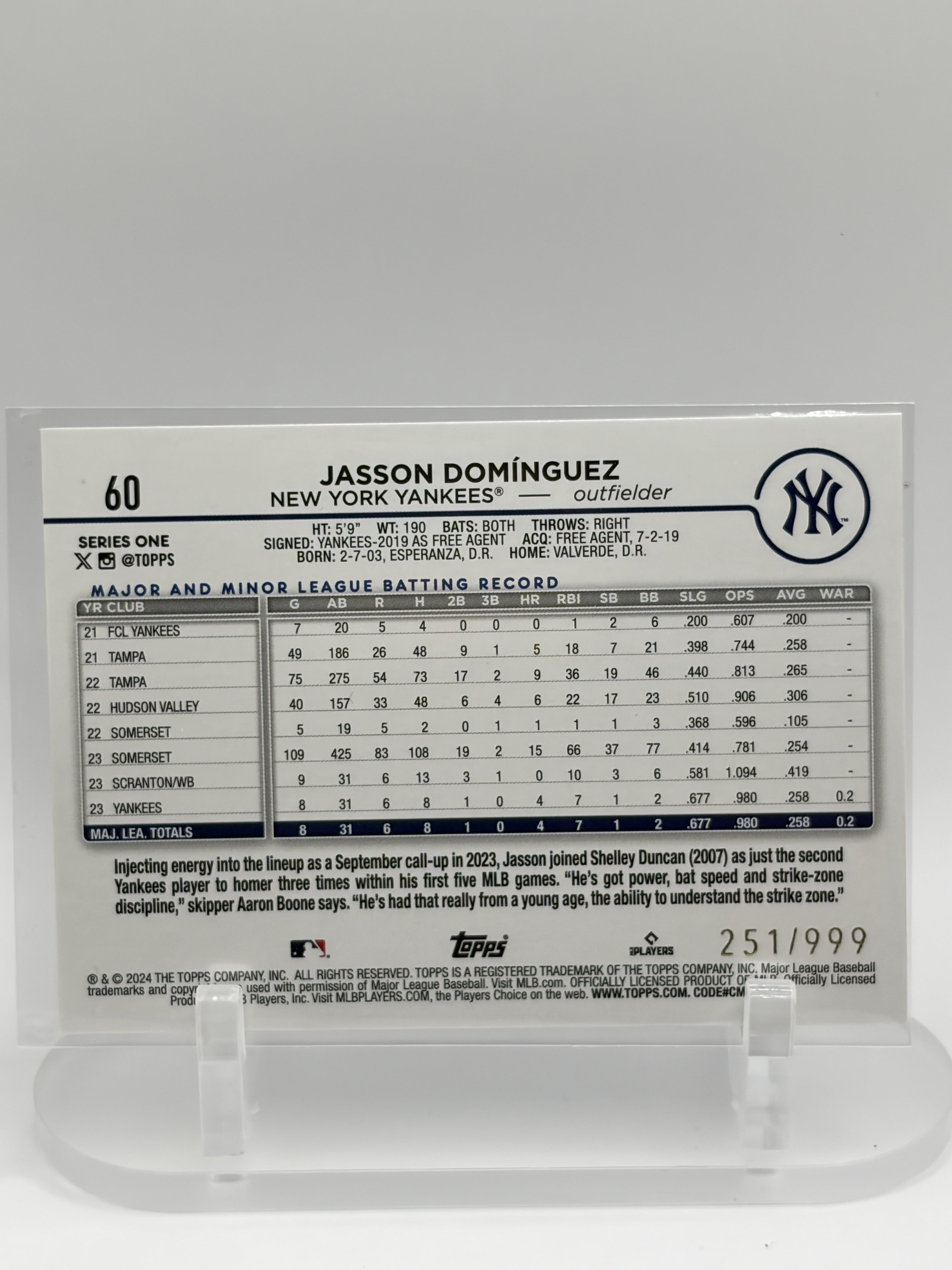 2024 Topps #60 Jasson Domínguez Blue Holofoil #/999