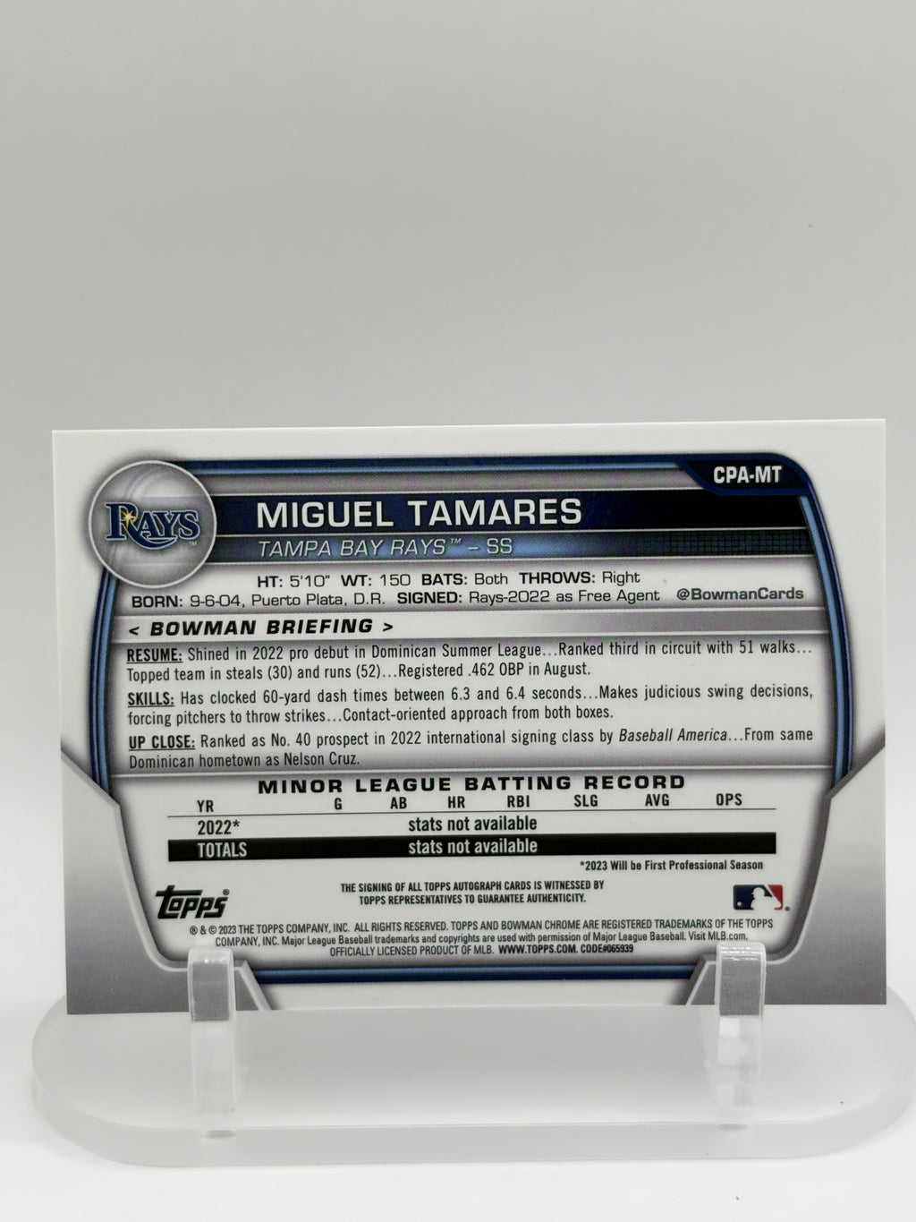 2023 Bowman Chrome #CPA-MT Miguel Tamares Prospect Autographs