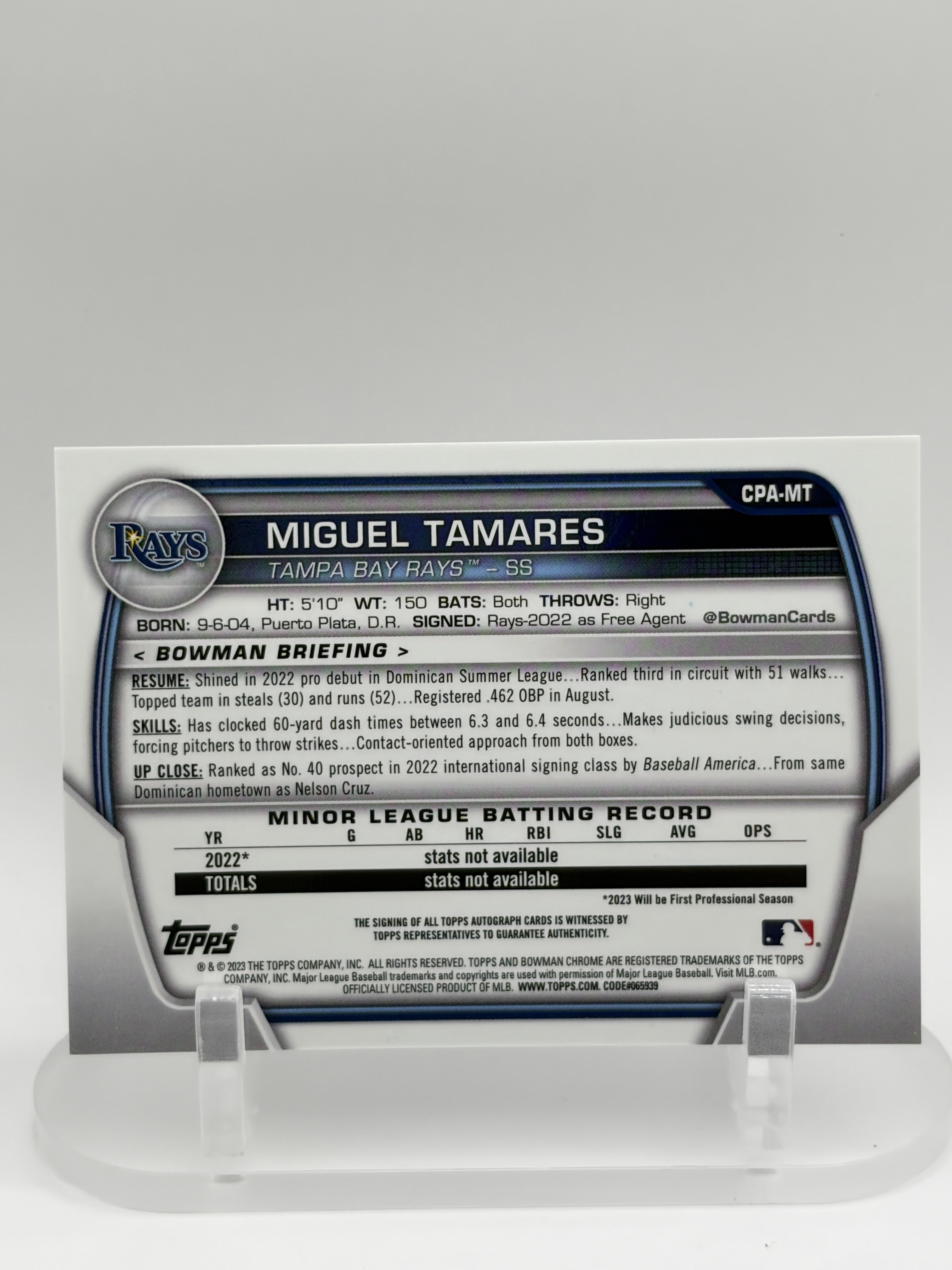 2023 Bowman Chrome #CPA-MT Miguel Tamares Prospect Autographs