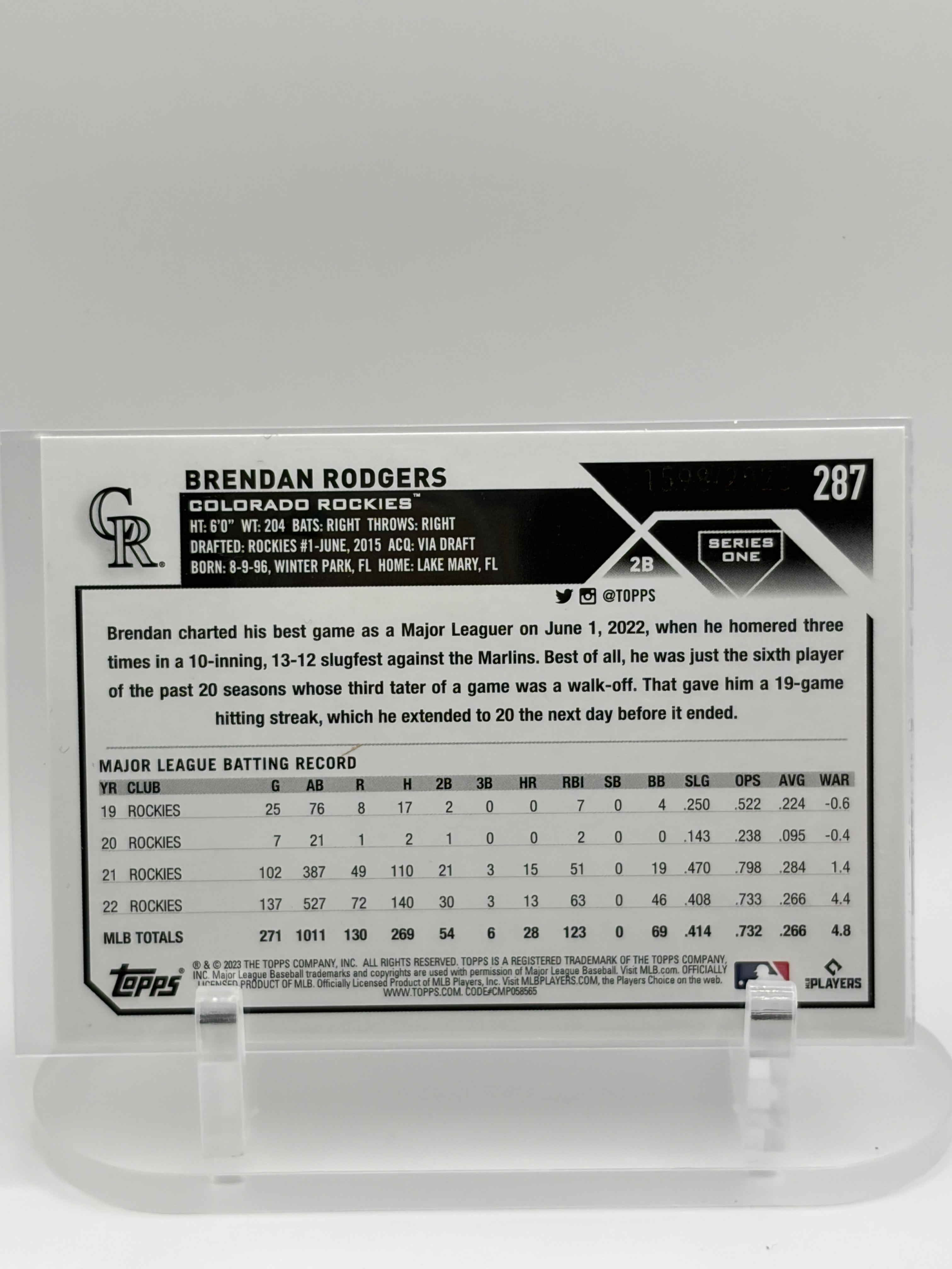 2023 Topps #287 Brendan Rodgers Gold Foil