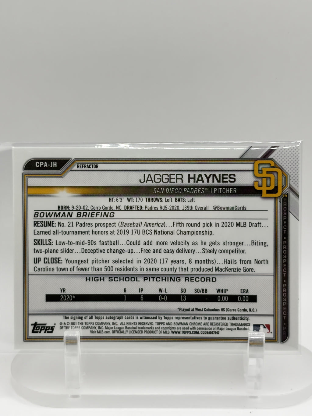 2021 Bowman Chrome #CPA-JH Jagger Haynes Prospect Autographs Refractor #/499