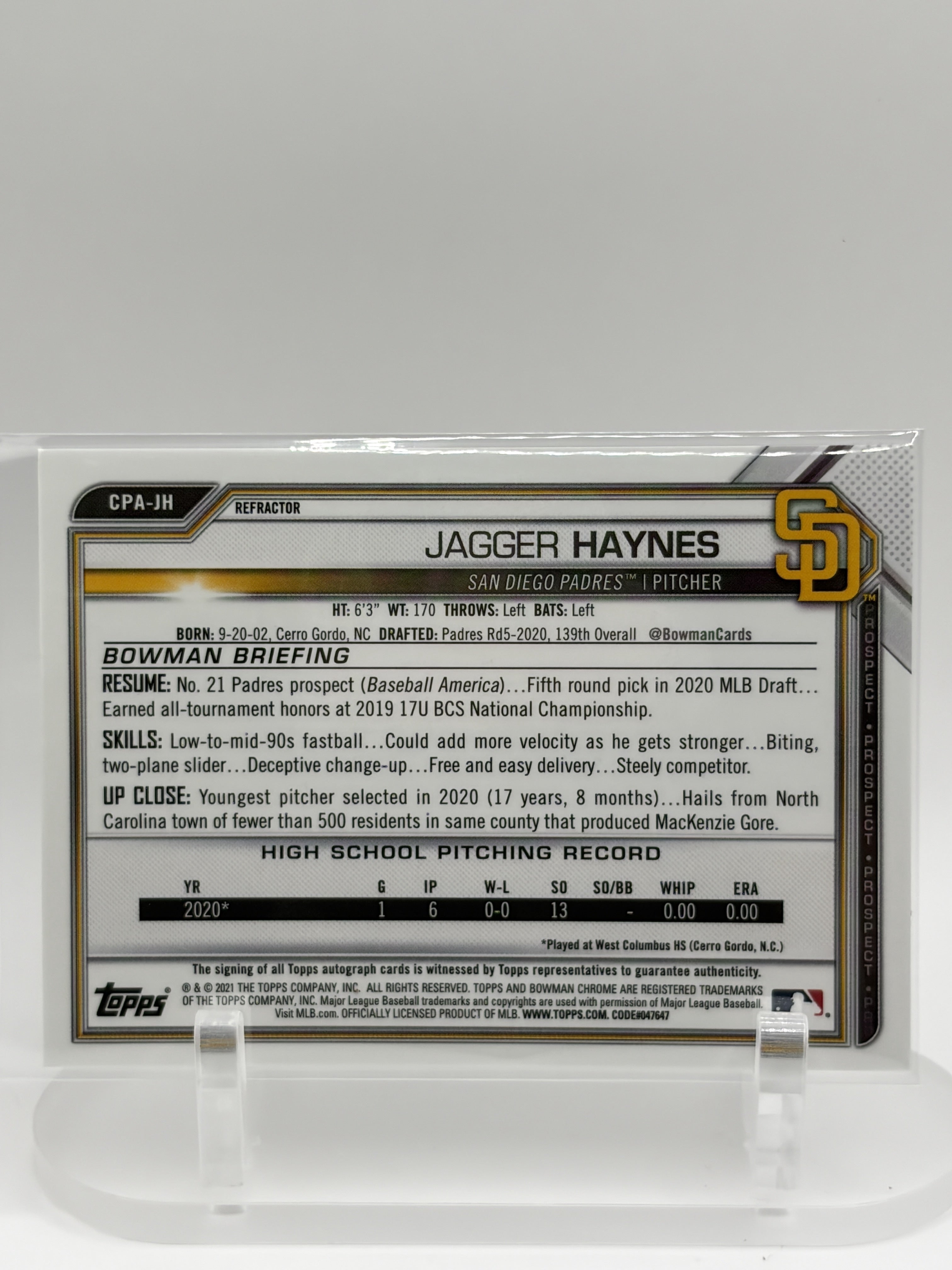 2021 Bowman Chrome #CPA-JH Jagger Haynes Prospect Autographs Refractor #/499