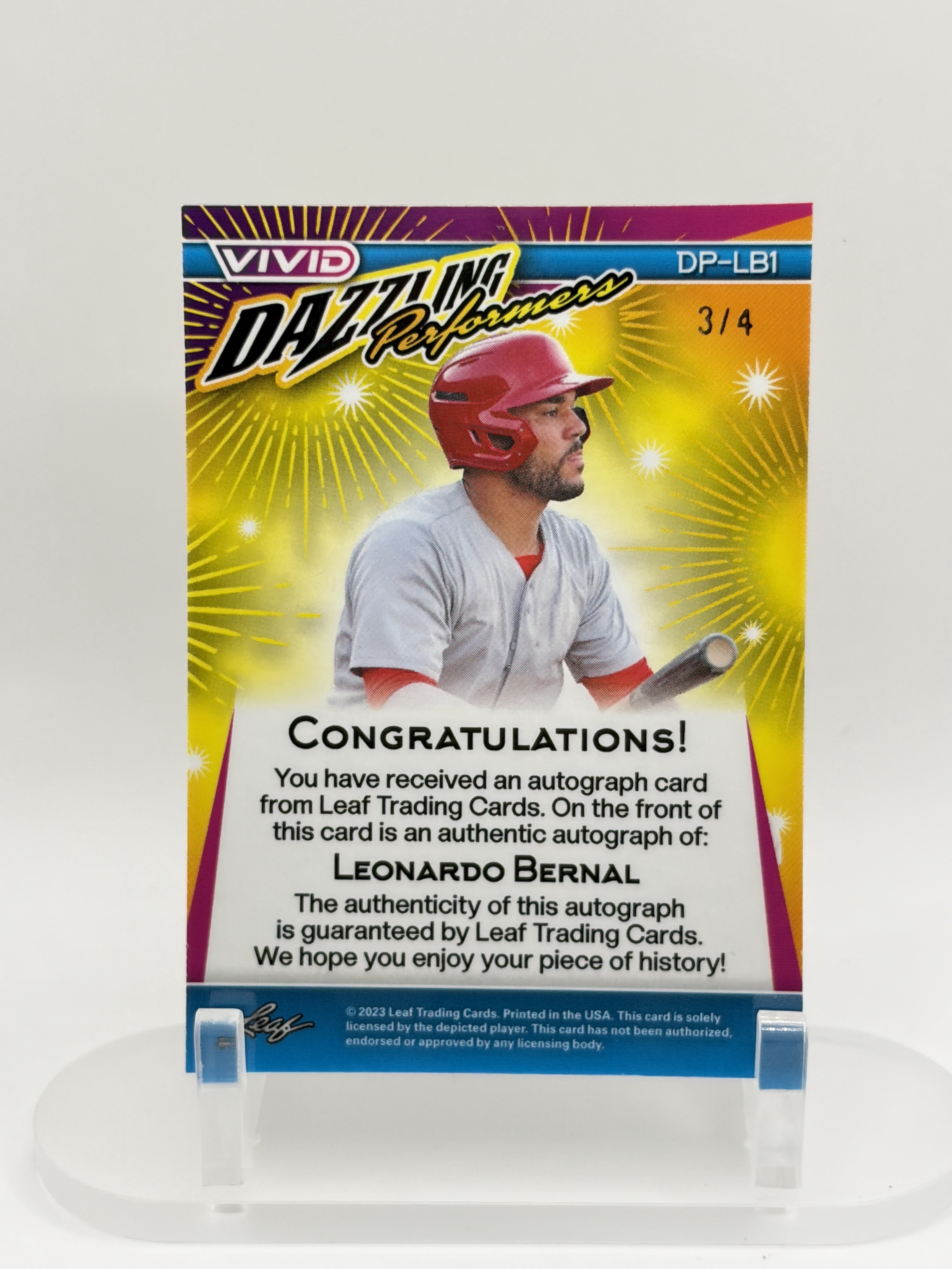 2023 Leaf Vivid #DP-LB1 Leonardo Bernal Dazzling Performers Autographs #/4