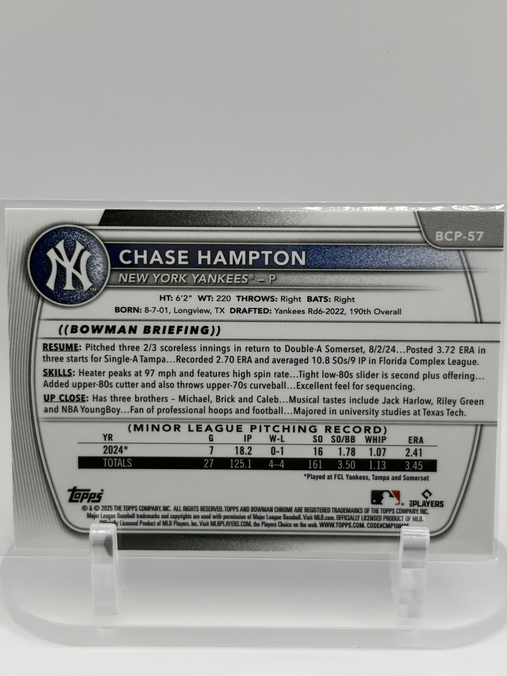 2025 Bowman #BCP-57 Chase Hampton Chrome Prospects Reptilian Refractor