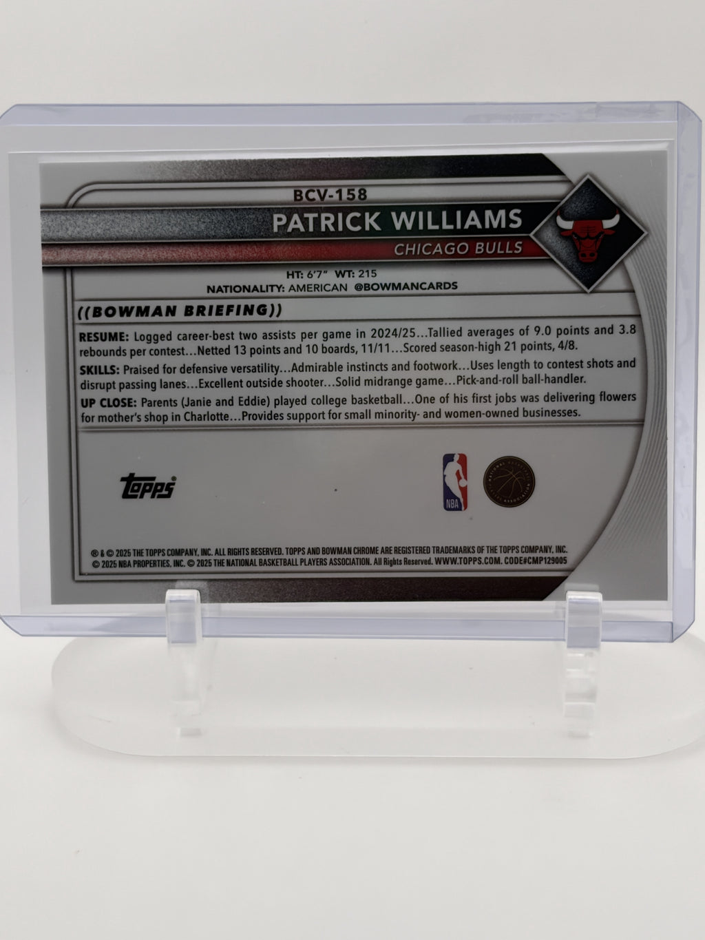 2025-26 Bowman #BCV-158 Patrick Williams Chrome Speckle Refractor /299