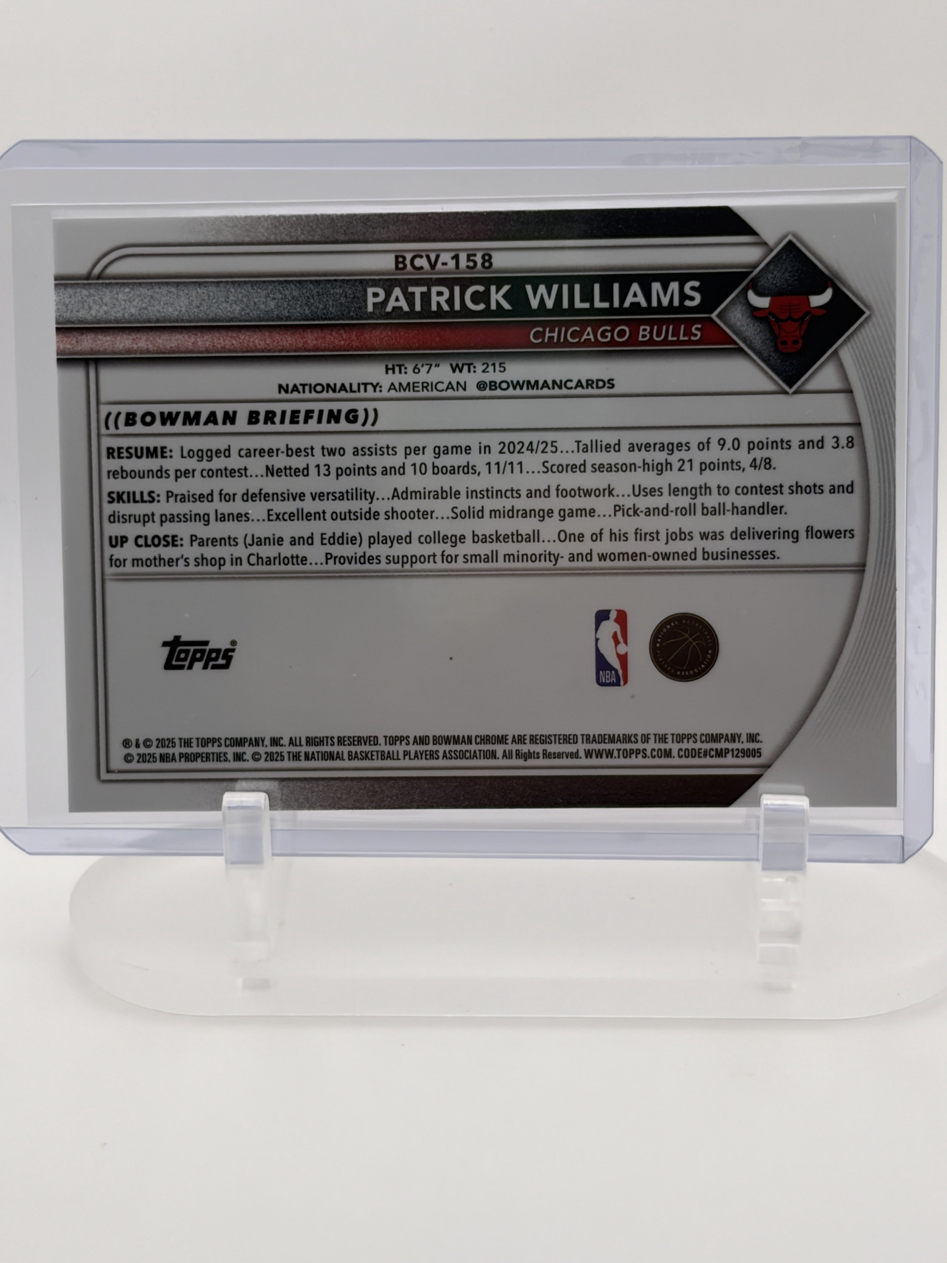 2025-26 Bowman #BCV-158 Patrick Williams Chrome Speckle Refractor /299
