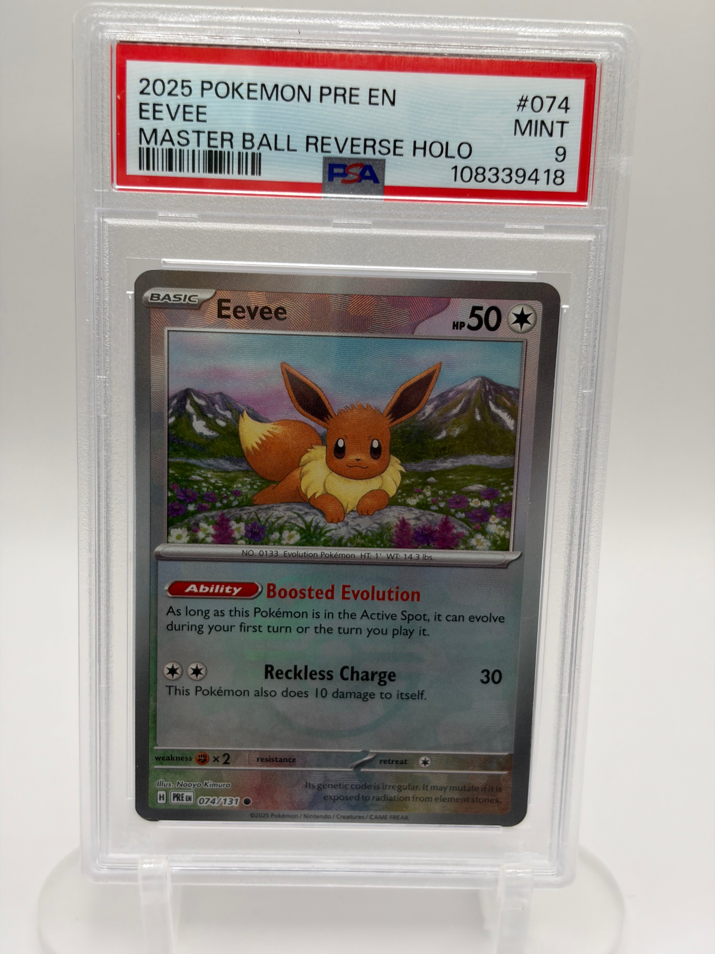Eevee 074/131 - PSA 9 MINT - Prismatic Evolutions Master Ball Reverse Holo - English 2025